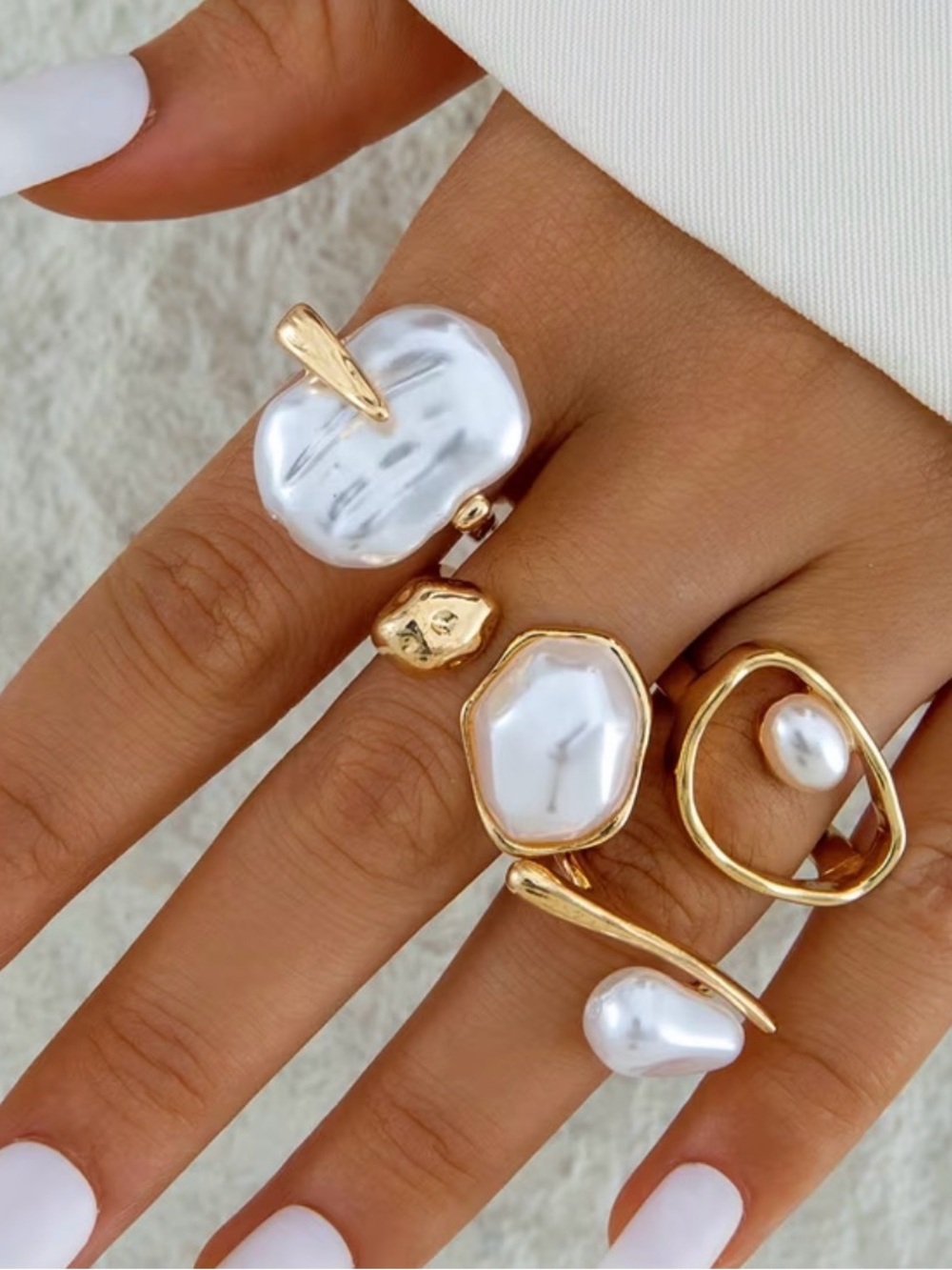 Gold-Tone Pearl Cluster Ring Set - White Pearlescent Accents